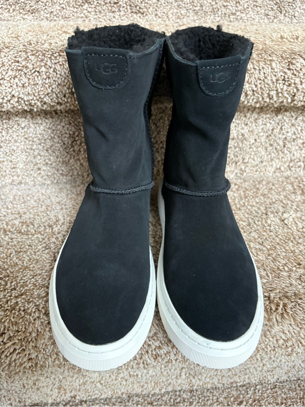 UGG Alameda Women’s Mid-Calf Black Suede Shearling Trim Boots.